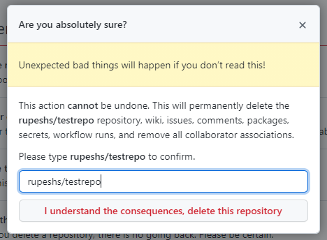 Confirm delete repository window