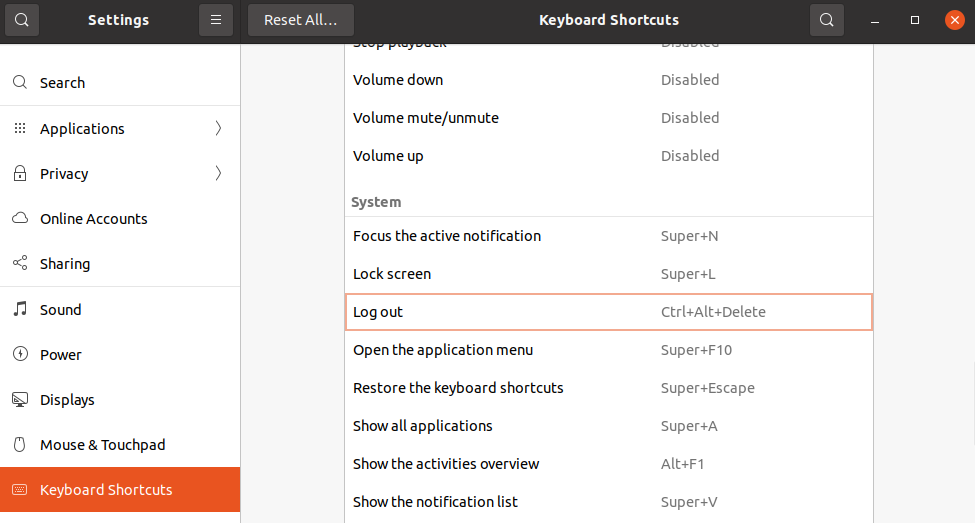 Ubuntu settings keyboard shortcuts