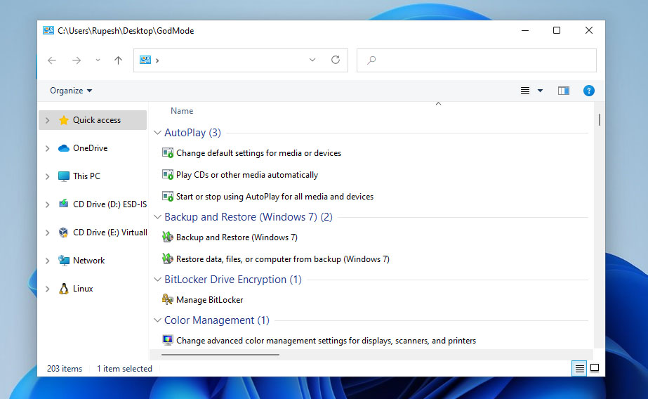God mode folder opened in Windows 11