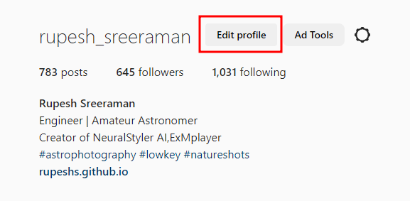 Edit profile instagram account