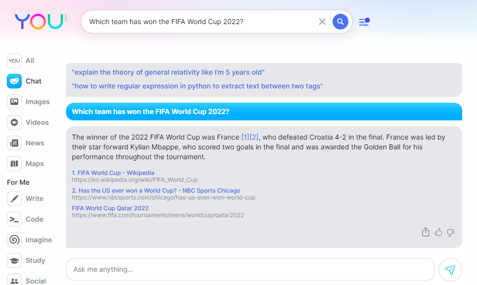 YouChat answer to FIFA world cup 2022 winner