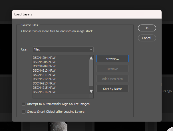 Load images into stack dialog