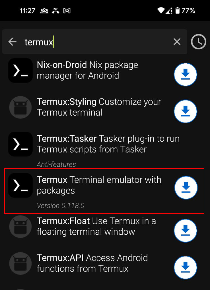 Fdroid Termux search screen
