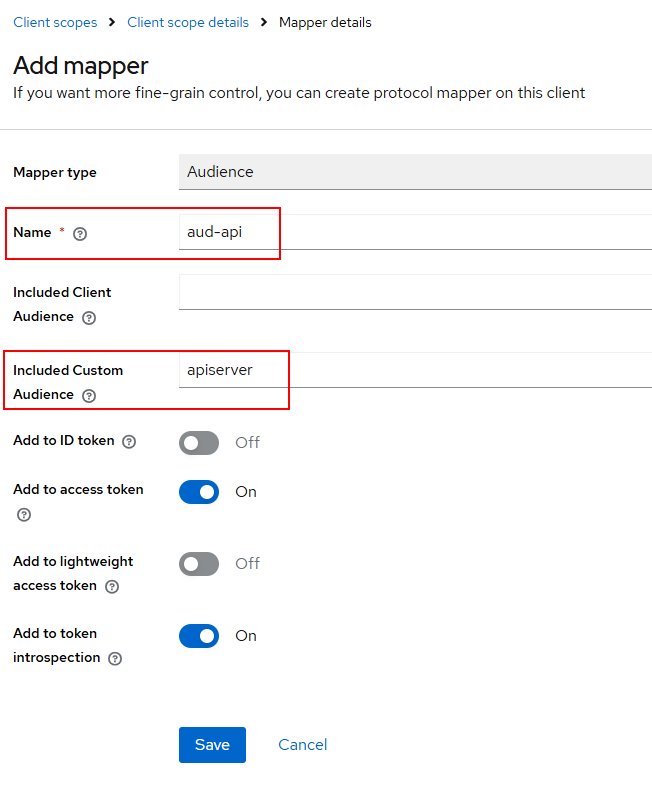 Add new audience client scope mapper